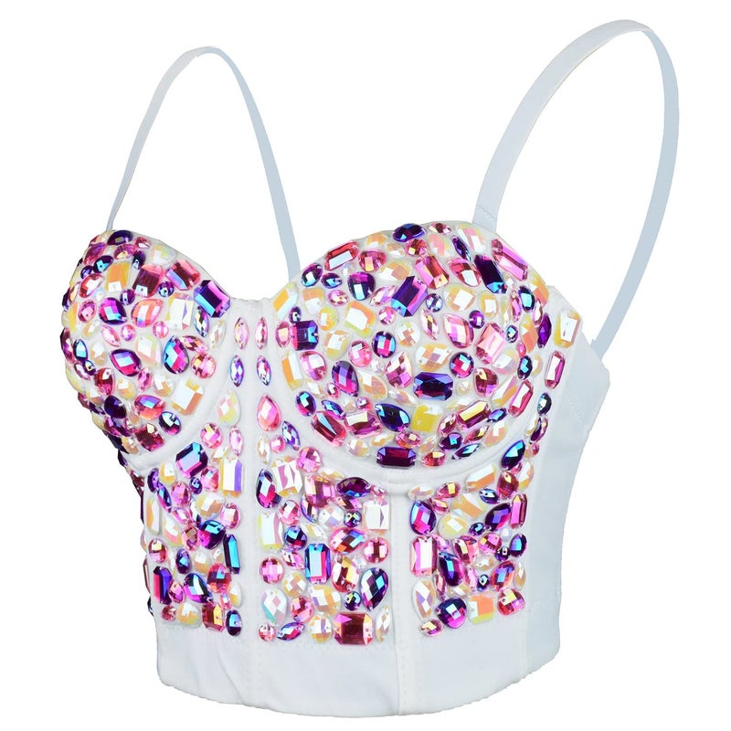 ELLACCI Women's Sexy Rhinestone Bustier Crop Top Club Party Glitter Corset Top Bra Multicolor Small - Image 1